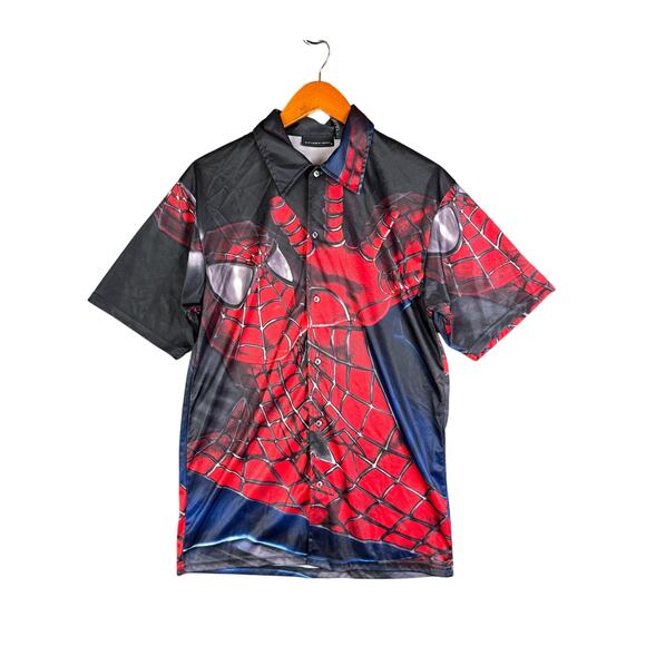 Spiderman Movie Promo Button Up Shirt AOP All Over Print Y2K 2002 Mens Small EUC - Picture 1 of 7